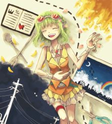 Rule 34 | 1girl, :d, bad id, bad pixiv id, crescent moon, closed eyes, ferris wheel, fork, goggles, goggles on head, green hair, gumi, hand on another&#039;s stomach, hand on own stomach, happy birthday, heart, holding, kinomukumama, moon, musical note, open mouth, petals, photo (object), power lines, rainbow, red-tinted eyewear, scissors, skirt, smile, solo, spoon, star (symbol), tinted eyewear, utility pole, vocaloid