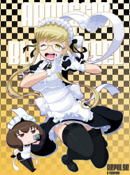 Rule 34 | 10s, 2girls, aoki hagane no arpeggio, apron, bad id, bad pixiv id, black gloves, black legwear, blonde hair, blue eyes, brown eyes, brown hair, camera, checkered background, chibi, chibi inset, copyright name, frilled apron, frills, glasses, gloves, gradient background, heart, heart hands, highres, kamo 3, loafers, long hair, maid, maid cap, moe moe kyun!, multiple girls, one eye closed, open mouth, repulse (aoki hagane no arpeggio), shoes, taking picture, thighhighs, vampire (aoki hagane no arpeggio), white apron, white gloves, yellow background, yellow eyes