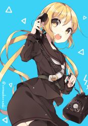 Rule 34 | 1girl, antique phone, black sailor collar, black serafuku, black shirt, black skirt, black thighhighs, blonde hair, blue background, commentary, corded phone, cowboy shot, crescent, crescent pin, from behind, highres, kantai collection, kurasaki cosmos, long hair, looking at viewer, looking back, necktie, open mouth, phone, rotary phone, round teeth, sailor collar, satsuki (kancolle), school uniform, serafuku, shirt, skirt, solo, symbol-only commentary, teeth, thighhighs, twintails, upper teeth only, white necktie