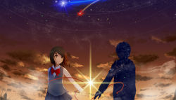 Rule 34 | 1boy, 1girl, absurdres, black hair, brown eyes, burning (wjxwjx81), check commentary, cloud, cloudy sky, comet, commentary request, diffraction spikes, highres, kimi no na wa., long sleeves, looking at another, miyamizu mitsuha, night, night sky, red ribbon, ribbon, school uniform, silhouette, sky, smile, star (sky), starry sky, sweater vest, tachibana taki