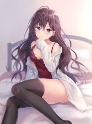 Rule 34 | 10s, 1girl, ahoge, bed, black hair, black thighhighs, blue eyes, blush, breasts, chemise, cleavage, dress shirt, earrings, eyebrows, fukahire (ruinon), hand on own face, ichinose shiki, idolmaster, idolmaster cinderella girls, jewelry, legs, long hair, looking at viewer, no panties, no shoes, on bed, open clothes, shirt, sitting, solo, strap slip, thighhighs, thighs, tsurime, very long hair, white shirt