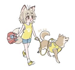 Rule 34 | 1girl, adidas, animal ears, antenna hair, bag, blonde hair, blunt bangs, blush, bouen, brown eyes, commentary request, cutoffs, dated, denim, denim shorts, fox ears, fox girl, fox tail, full body, highres, holding, holding bag, holding leash, leash, logo parody, looking to the side, looking up, medium hair, no pupils, open mouth, original, pet walking, raised eyebrows, shiba inu, shoes, short shorts, shorts, simple background, smile, sneakers, solo, tail, tank top, thick eyebrows, white background, yellow footwear, yellow tank top