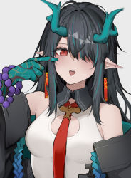 Rule 34 | 1girl, absurdres, arknights, arm tattoo, bead bracelet, beads, black collar, black hair, black jacket, bracelet, breasts, china dress, chinese clothes, cleavage cutout, clothing cutout, collar, colored skin, dragon horns, dress, dusk (arknights), ear piercing, finger to eye, green hair, green skin, grey background, hair over one eye, highres, horns, hyakutarou (momotar0 4), jacket, jewelry, long hair, looking at viewer, multicolored hair, necktie, off shoulder, open mouth, piercing, pointy ears, red eyes, red necktie, sidelocks, simple background, sleeveless, sleeveless dress, small breasts, solo, streaked hair, tattoo, tongue, tongue out, upper body, white dress