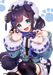 Rule 34 | 1girl, :d, aiba uiha, animal ears, bare shoulders, beret, black hair, black thighhighs, blue bow, blue eyes, blue jacket, blue nails, blue sky, bow, braid, claw pose, commentary request, dog ears, dog girl, dog tail, fangs, fur-trimmed sleeves, fur trim, hands up, hat, heart, jacket, kemonomimi mode, long sleeves, nail polish, nijisanji, off shoulder, open mouth, simple background, sky, smile, solo, squatting, tail, thighhighs, virtual youtuber, white background, white hat, yamabukiiro