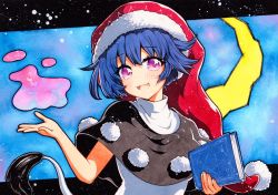 Rule 34 | bad id, bad twitter id, black capelet, blue background, blue hair, book, capelet, doremy sweet, dream soul, dress, fur-trimmed headwear, fur trim, hat, multicolored clothes, multicolored dress, nightcap, pom pom (clothes), qqqrinkappp, red hat, short hair, solo, tail, tapir tail, touhou, traditional media
