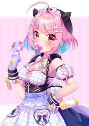 Rule 34 | 1girl, absurdres, ahoge, bare shoulders, blue dress, blue gloves, blue hair, blush, bow, breasts, censored, censored gesture, cleavage, cleavage cutout, clothing cutout, commentary request, cowboy shot, dress, frilled dress, frills, gloves, hair intakes, hair ornament, hand on own hip, heart, highres, idolmaster, idolmaster cinderella girls, idolmaster cinderella girls starlight stage, large breasts, looking at viewer, middle finger, mosaic censoring, multicolored hair, pacifier, pink background, pink eyes, pink hair, plaid, plaid dress, puffy short sleeves, puffy sleeves, rattle, sakura ran, short hair, short sleeves, solo, star (symbol), star hair ornament, two-tone hair, upper body, yumemi riamu