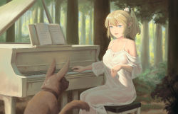 Rule 34 | 1girl, animal, aqua eyes, bare shoulders, bigrbear, blonde hair, book, collarbone, dress, earrings, elf, forest, highres, instrument, jewelry, medium hair, nature, no bra, no panties, open mouth, original, outdoors, piano, pointy ears, ring, see-through, sitting, solo, sunlight, tree, white dress
