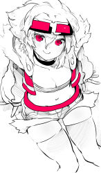 Rule 34 | 1girl, absurdres, bandeau, breasts, choker, cleavage, closed mouth, from above, goggles, goggles on head, highres, jacket, looking at viewer, midriff, navel, niwamaru (niwarhythm), niwarhythm, open clothes, open jacket, original, red eyes, short shorts, shorts, simple background, sitting, skindentation, smile, solo, strapless, thighhighs, tube top, white background