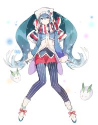 Rule 34 | 1girl, artist name, bad id, bad pixiv id, blue hair, boots, coat, gloves, hat, hatsune miku, leggings, leggings under shorts, pantyhose, pantyhose under shorts, purple eyes, relly, scarf, shorts, simple background, smile, snow rabbit, solo, striped clothes, striped leggings, striped pantyhose, twintails, vertical-striped clothes, vertical-striped pantyhose, vocaloid, yuki miku