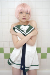 Rule 34 | 1girl, air gear, asian, bath, bob cut, clothes cover, unworn clothes, cosplay, covering body, covering with clothes, cowboy shot, cross, facing viewer, indoors, japanese (nationality), looking at viewer, lowres, namada, nude, parted lips, photo (medium), pink hair, sailor, school uniform, serafuku, short hair, simca, solo, standing, tile wall, tiles