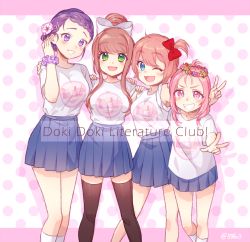 Rule 34 | 4girls, ;d, alternate hairstyle, black socks, blue eyes, blue skirt, bow, braid, brown hair, commentary request, copyright name, doki doki literature club, english text, flower, girl sandwich, green eyes, grin, hair bow, hair flower, hair ornament, hairclip, hand on another&#039;s shoulder, head wreath, kneehighs, leaning forward, looking at viewer, monika (doki doki literature club), multiple girls, nan, natsuki (doki doki literature club), one eye closed, open mouth, parted lips, pink background, pink eyes, pink hair, pleated skirt, polka dot, polka dot background, purple eyes, purple hair, red bow, romaji text, sandwiched, sayori (doki doki literature club), scrunchie, shirt, silhouette, skirt, sleeves rolled up, smile, socks, standing, thighhighs, twitter username, v, w, white bow, white legwear, white shirt, wrist scrunchie, yuri (doki doki literature club)