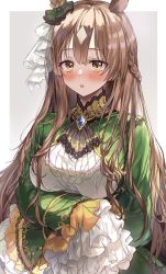 Rule 34 | 1girl, :o, animal ears, ascot, black ascot, blush, bow, braid, breasts, brown eyes, brown hair, commentary, ear ribbon, frilled jacket, frilled sleeves, frills, green jacket, half updo, highres, horse ears, horse girl, jacket, large breasts, long hair, long sleeves, looking at viewer, parted lips, satono diamond (umamusume), saya (mychristian2), shirt, signature, simple background, sleeves past fingers, sleeves past wrists, solo, umamusume, very long hair, white shirt