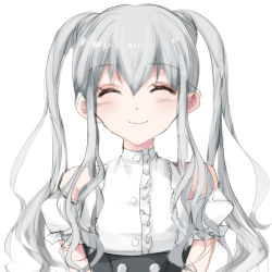 Rule 34 | 1girl, absurdres, arms at sides, bad id, bad pixiv id, bare shoulders, blush, blush stickers, closed mouth, drill hair, ears visible through hair, closed eyes, grey hair, hair between eyes, highres, long hair, misteor, original, puffy sleeves, shirt, smile, solo, twintails, white background, white shirt, white sleeves