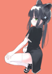 Rule 34 | 1girl, absurdres, animal ears, black dress, black footwear, black hair, blue archive, blunt bangs, blush, china dress, chinese clothes, dress, from behind, green eyes, hands on own knees, highres, legs, long hair, looking back, mary janes, orange background, shoes, short sleeves, shun (blue archive), shun (small) (blue archive), simple background, solo, spread legs, squatting, tamura-chan, thighhighs, thighs, tiger ears, tiger girl, twintails, white thighhighs