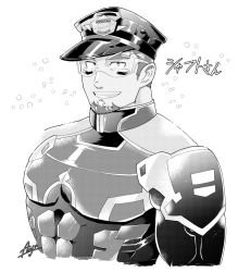 Rule 34 | 1boy, :d, bara, cropped torso, facial hair, fujishima kazuya, goatee, goggles, greyscale, hat, large pectorals, live a hero, looking at viewer, male focus, monochrome, muscular, muscular male, open mouth, peaked cap, pectorals, police, police uniform, policeman, shaft (live a hero), short hair, sideburns stubble, smile, solo, sparkle background, stubble, thick eyebrows, translation request, uniform