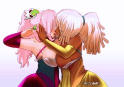 Rule 34 | 2girls, 83rdart, blonde hair, blush, breast contest, breast press, breasts, choker, cleavage, dark-skinned female, dark skin, dreadlocks, dripping, kiss, large breasts, multiple girls, pink hair, ponytail, saliva, symmetrical docking, tongue, tongue out, twintails, wet, wet clothes, yuri