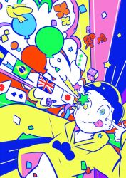 Rule 34 | 1boy, balloon, bird, blue eyes, blue hair, brazilian flag, card, closed mouth, cloud print, colorful, commentary request, confetti, dice, finger to head, fingernails, fish, flower, garland (decoration), hanada hyou, heart, hood, hood down, hoodie, japanese flag, laser, long sleeves, male focus, matsuno jyushimatsu, midriff peek, multicolored background, orange flower, osomatsu-san, osomatsu (series), playing card, pointing, pointing at self, rainbow order, screw, short hair, sleeves past wrists, smile, smoke, solo, spade (shape), sparkle, swedish flag, tongue, tongue out, union jack, upper body, wavy mouth, yellow flower, yellow hoodie