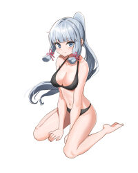 1girl arms_between_legs ayaka_(genshin_impact) bare_arms bare_legs bare_shoulders barefoot bikini black_bikini blue_eyes blunt_bangs blunt_ends breasts cleavage closed_mouth collarbone floating_hair full_body genshin_impact grey_hair high_ponytail large_breasts long_hair looking_at_viewer mole mole_under_eye navel ponytail sidelocks simple_background sitting smile solo swimsuit very_long_hair wariza white_background yue-wuneng
