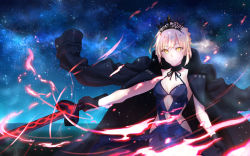 Rule 34 | 1girl, artoria pendragon (alter swimsuit rider) (fate), artoria pendragon (alter swimsuit rider) (third ascension) (fate), artoria pendragon (fate), black gloves, black hairband, blonde hair, blue dress, breasts, choker, cleavage, clothing cutout, collarbone, diadem, dress, excalibur morgan (fate), fate/grand order, fate (series), gloves, hairband, highres, holding, holding sword, holding weapon, looking at viewer, medium breasts, navel cutout, night, outdoors, outstretched arm, renzu (lens 02), short hair, sidelocks, sky, sleeveless, sleeveless dress, solo, standing, star (sky), starry sky, sword, weapon, yellow eyes