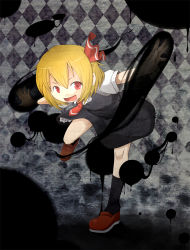 Rule 34 | 1girl, :d, argyle, argyle background, argyle clothes, blonde hair, darkness, hair ribbon, haragon, open mouth, red eyes, ribbon, rumia, shirt, short hair, skirt, smile, solo, touhou, vest