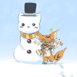 Rule 34 | 1girl, cat, digimon, hat, highres, meicoomon, snow, snowman, solo, tail