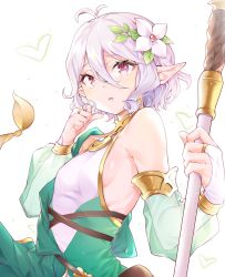 Rule 34 | 1girl, antenna hair, bare shoulders, blush, breasts, bridal gauntlets, commentary request, cpqm, detached sleeves, dress, flower, green dress, green sleeves, hair between eyes, hair flower, hair ornament, hands up, heart, highres, holding, kokkoro (princess connect!), long sleeves, looking at viewer, parted lips, pointy ears, princess connect!, puffy long sleeves, puffy sleeves, red eyes, see-through, see-through sleeves, silver hair, simple background, sleeveless, sleeveless dress, small breasts, solo, white background, white flower