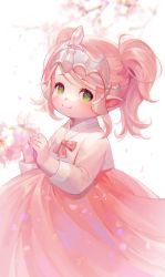 Rule 34 | 1girl, absurdres, alternate costume, bow, bowtie, branch, commentary request, final fantasy, final fantasy xiv, flower, green eyes, hanbok, highres, holding, holding flower, korean clothes, korean commentary, lalafell, looking to the side, nanamo ul namo, outdoors, pink bow, pink bowtie, pink hair, pink skirt, shirt, short hair, skirt, smile, solo, solraka, tiara, twintails, upper body, white background, white shirt