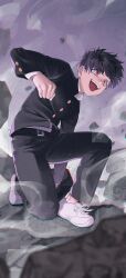 Rule 34 | 1boy, 1didi11di, absurdres, arm support, black hair, black jacket, black pants, blurry, clenched hand, commentary request, crazy eyes, debris, depth of field, fighting stance, floating hair, full body, gakuran, highres, jacket, kageyama shigeo, korean commentary, laughing, long sleeves, looking ahead, male focus, mob psycho 100, on one knee, open mouth, overcast, pants, red eyes, rubble, school uniform, shirt, shirt tucked in, shoes, short hair, sky, sneakers, solo, visible air, white footwear, white shirt