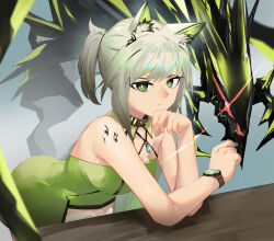 Rule 34 | 1girl, animal ear fluff, animal ears, ao oni (onioni-aoi), arknights, bare shoulders, belt, belt collar, bright pupils, brown belt, brown collar, cat ears, cat girl, closed mouth, collar, counter, diffraction spikes, dress, expressionless, fingernails, green dress, green eyes, grey hair, halterneck, hand to own mouth, hand up, highres, jewelry, kal&#039;tsit (arknights), leaning, leaning forward, looking at viewer, material growth, mon3tr (arknights), oripathy lesion (arknights), pendant, ponytail, short hair, sidelocks, sleeveless, sleeveless dress, solo, watch, white pupils, wristwatch