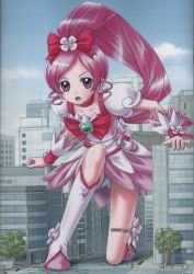 Rule 34 | 10s, 1girl, boots, bow, brooch, cure blossom, eichikei (hakuto), giant, giantess, hanasaki tsubomi, heart, heart brooch, heartcatch precure!, highres, jewelry, knee boots, long hair, open mouth, panties, pink bow, ponytail, precure, solo, tree, underwear, white panties