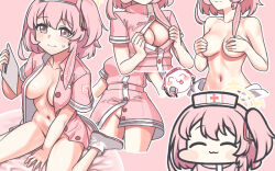 Rule 34 | 1girl, blue archive, blush, breasts, buttons, closed mouth, collarbone, doodle sensei (blue archive), groin, halo, hat, jazz jack, medium breasts, multiple views, navel, nurse cap, one side up, open clothes, pink eyes, pink hair, pink headwear, sensei (blue archive), serina (blue archive), serina (nurse) (blue archive), short hair, short sleeves, yellow halo