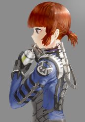 Rule 34 | 1girl, bodysuit, brown hair, can, drinking, gloves, grey background, grey eyes, holding, holding can, kfr, looking afar, original, pilot suit, science fiction, short ponytail, solo, twintails