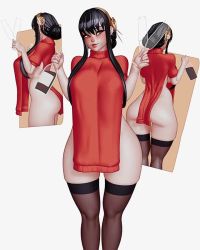 Rule 34 | 1girl, 3d, animated, artist name, ass, ass shake, back, black hair, black thighhighs, bottle, breasts, clothing cutout, hairband, heart cutout, huge ass, jiggle, large breasts, long hair, lowres, mature female, multiple views, one eye closed, red eyes, red sweater, rushzilla, seductive smile, sitting, smile, solo, spy x family, standing, sweater, thick thighs, thighhighs, thighs, thong, video, wariza, white background, wine bottle, wink, yor briar