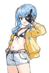 Rule 34 | 1girl, :d, alternate costume, belt, bikini, bikini under clothes, black bikini, blue eyes, blue hair, bracelet, breasts, charm (object), cleavage, drawstring, front-tie bikini top, front-tie top, gloves, hand over eye, highres, hololive, hood, hoodie, hoshimachi suisei, jacket, jewelry, leaning back, long hair, looking at viewer, navel, nonbire, open clothes, open hoodie, open mouth, partially fingerless gloves, ringlets, shorts, side ponytail, sidelocks, simple background, sketch, small breasts, smile, solo, star (symbol), star in eye, swimsuit, symbol in eye, thighs, thumb in beltline, virtual youtuber, white background, yellow jacket