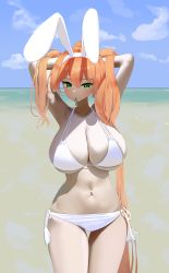Rule 34 | 1girl, absurdres, arms up, beach, bikini, blue sky, breasts, cleavage, cloud, commentary request, commission, day, green eyes, hair between eyes, hair tie, hair tie in mouth, highres, horizon, huge breasts, long hair, looking at viewer, mouth hold, navel, nicorima, ocean, orange hair, original, outdoors, pixiv commission, sky, solo, standing, swimsuit, very long hair, white bikini