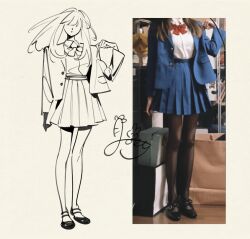 Rule 34 | 1girl, original, photo-referenced, photo (medium), school uniform, self-portrait, sketch, tagme