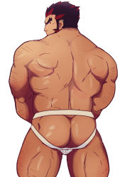 Rule 34 | 1boy, arm hair, ass, ass focus, back, bad id, bad pixiv id, bara, black hair, feet out of frame, from behind, highres, jockstrap, kagemaru (kagemaru321), leg hair, long sideburns, looking at viewer, looking back, male focus, male underwear, mature male, multicolored hair, muscular, muscular male, original, red hair, short hair, sideburns, solo, streaked hair, thick thighs, thighs, topless male, underwear, underwear only, white male underwear