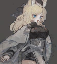 Rule 34 | 1girl, :d, animal ear fluff, animal ears, arknights, bad id, bad twitter id, belt, black hat, black ribbon, blonde hair, blue eyes, blush, breasts, cape, commentary request, cowboy shot, garrison cap, grey background, hair ribbon, hat, highres, long hair, looking at viewer, medium breasts, omcxxx, open mouth, ribbon, sideways glance, simple background, smile, solo, standing, thighs, whislash (arknights), white cape