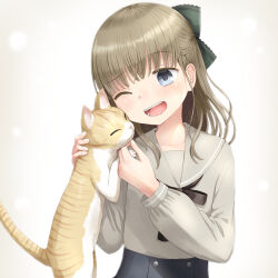 Rule 34 | 1girl, cat, half updo, highres, one side up, original, ribbon, school uniform, smile, yuyuzuki (yume usagi)