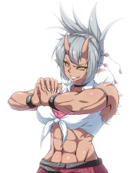 Rule 34 | 1girl, abs, dream demon, female focus, fingernails, folded ponytail, grey hair, hair ornament, hairpin, horns, long fingernails, muscular, muscular female, oni, original, pointy ears, simple background, solo, toned, yellow eyes