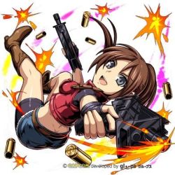 Rule 34 | 1girl, agent redjackal, bare back, brown hair, capcom, chibi, claire redfield, dual wielding, dynamic pose, grey eyes, gun, holding, lowres, resident evil, shorts, weapon