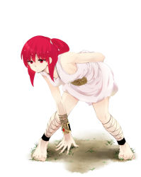 Rule 34 | 1girl, ankle lace-up, arm behind back, barefoot, bent over, bracelet, breasts, chain, cross-laced footwear, cuffs, dirt, dress, drooling, feet, grass, highres, jewelry, leaning forward, legs, magi the labyrinth of magic, morgiana, necklace, one side up, red eyes, red hair, side ponytail, sideboob, skirt, solo, sweat, tsubo, white dress, white skirt