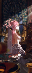 Rule 34 | 1girl, absurdres, alternate costume, aru (blue archive), bare legs, barefoot, blue archive, blurry, blurry foreground, breast curtain, breasts, circlet, demon horns, depth of field, halo, highres, horns, indoors, light rays, looking at viewer, median furrow, medium breasts, pink hair, plant, potted plant, profile, revision, ryeon (bluetom1), seiza, sideboob, sideways glance, sitting, soles, solo, toe scrunch, toes