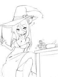 Rule 34 | 2girls, animal ears, baker (camel), breasts, camel (dansen), cat ears, cat girl, cleavage, crossed legs, dress, female focus, hat, long hair, mini person, minigirl, monochrome, mouse ears, mouse tail, multiple girls, neko majo, original, size difference, smile, tail, witch hat