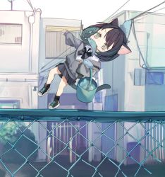 Rule 34 | 1girl, animal, animal ears, animal on head, black bow, black bowtie, black footwear, black hair, black skirt, boukou-chan (tokiwata soul), bow, bowtie, bucket, carrying, carrying under arm, cat ears, cat girl, cat tail, chain-link fence, chibi, collared shirt, day, falling, fence, fish, green hair, grey jacket, highres, holding, jacket, long sleeves, mini person, minigirl, mouth hold, multicolored hair, off shoulder, on head, original, outdoors, pleated skirt, shirt, shoes, short hair, skirt, solo, tail, toeless footwear, tokiwata soul, two-tone hair, walking, water, white shirt