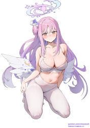 Rule 34 | 1girl, angel wings, blue archive, blush, bra, breasts, clothes pull, flower, hair bun, hair flower, hair ornament, halo, highres, kneeling, large breasts, long hair, looking at viewer, low wings, midriff, mika (blue archive), pantyhose, pantyhose pull, pink hair, simao (x x36131422), single side bun, solo, underwear, very long hair, white background, white bra, white pantyhose, white wings, wings, yellow eyes