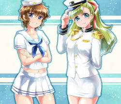 Rule 34 | 2girls, bad id, bad pixiv id, blue eyes, brown hair, crossed arms, dixie cup hat, epaulettes, green hair, grin, hand on headwear, hat, head tilt, jenny dolittle, light particles, looking at viewer, lynn lambretta, midriff, military, military hat, military uniform, miniskirt pirates, multiple girls, mutou mato, peaked cap, pencil skirt, pleated skirt, sailor, skirt, smile, star (symbol), starry background, striped, striped background, uniform, wide ponytail