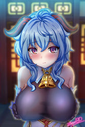 1girl artist_name bare_shoulders bell black_bodysuit black_gloves blue_hair bodice bodysuit breasts cowbell detached_sleeves ganyu_(genshin_impact) genshin_impact gloves goat_horns grabbing_own_breast hand_on_own_chest highres horns large_breasts long_hair neck_bell paid_reward_available purple_eyes solo upper_body zero130