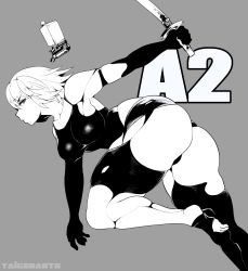 Rule 34 | 1girl, android, ass, blue eyes, breasts, commentary, drone, english commentary, greyscale, highres, holding, holding sword, holding weapon, joints, katana, medium breasts, mole, mole under mouth, monochrome, nier (series), nier:automata, pod (nier:automata), robot joints, running, short hair, solo focus, spot color, sword, taiger, thick thighs, thighs, toes, weapon, a2 (nier:automata)