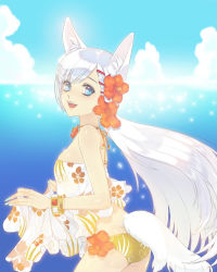 Rule 34 | 1girl, animal ears, bad id, bad pixiv id, bikini, bikini bottom only, blue eyes, bracelet, cloud, crop top, day, enk, female focus, floral print, flower, from side, hair flower, hair ornament, hibiscus, jewelry, nail polish, ocean, open mouth, sky, smile, solo, swimsuit, tail, water, white hair